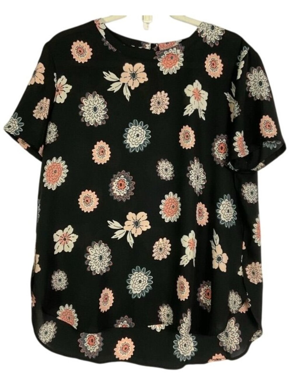 LOFT Black Floral Blouse Pink Cream Gray Short Sleeve High Low Size L
